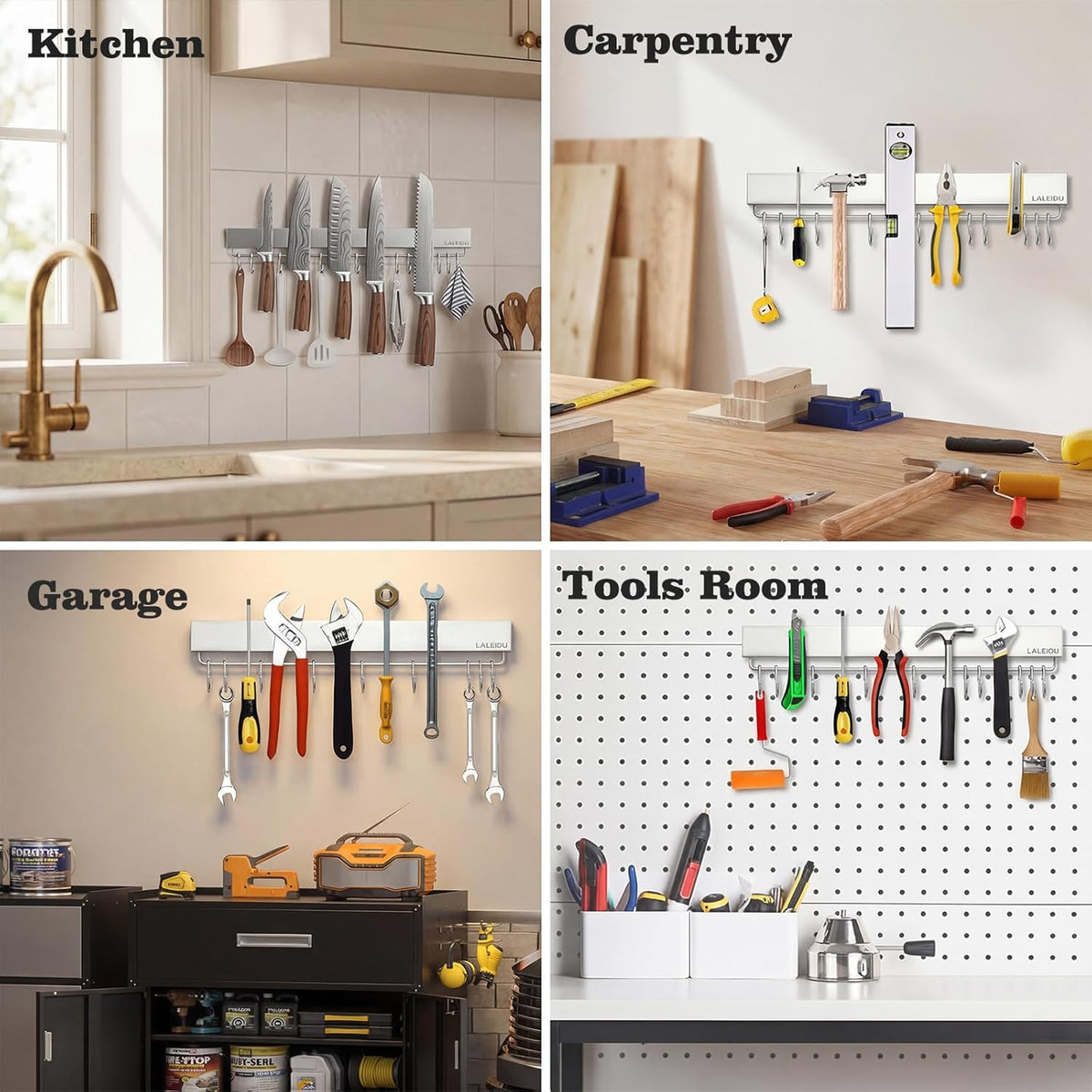 12 Inch Magnetic Knife Holder for Wall - Magnetic Knife Strip with Strong Magnets, Stainless Steel Magnetic Knife Bar with 5 Hooks/Adhesive Tape/Screws, Wall Mounted Knife Storage for Kitchen