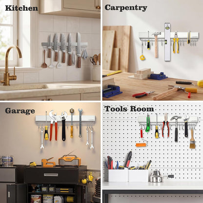 12 Inch Magnetic Knife Holder for Wall - Magnetic Knife Strip with Strong Magnets, Stainless Steel Magnetic Knife Bar with 5 Hooks/Adhesive Tape/Screws, Wall Mounted Knife Storage for Kitchen