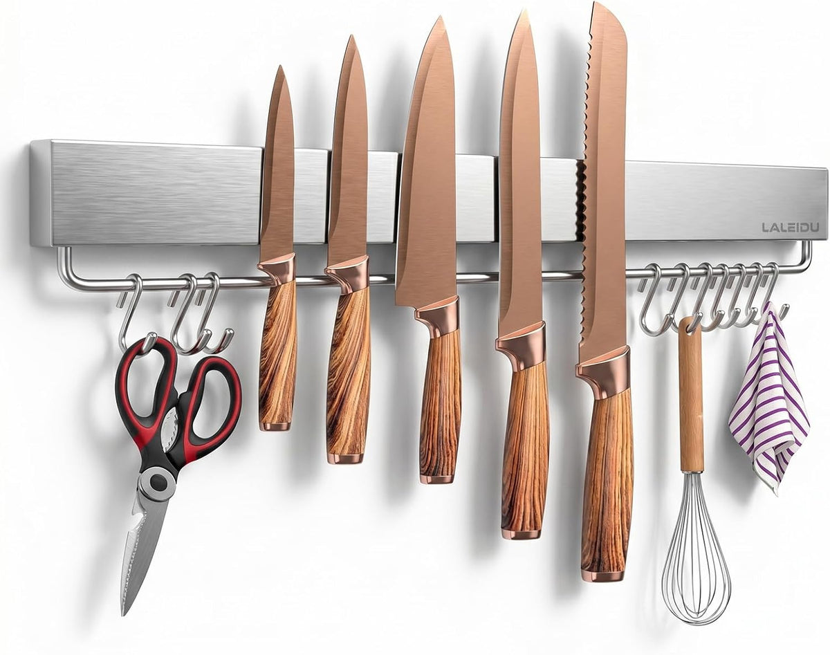 12 Inch Magnetic Knife Holder for Wall - Magnetic Knife Strip with Strong Magnets, Stainless Steel Magnetic Knife Bar with 5 Hooks/Adhesive Tape/Screws, Wall Mounted Knife Storage for Kitchen
