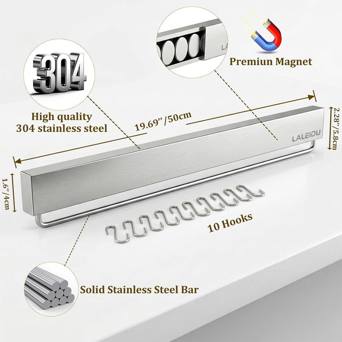 12 Inch Magnetic Knife Holder for Wall - Magnetic Knife Strip with Strong Magnets, Stainless Steel Magnetic Knife Bar with 5 Hooks/Adhesive Tape/Screws, Wall Mounted Knife Storage for Kitchen