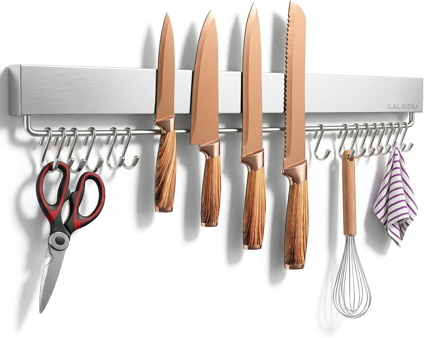 12 Inch Magnetic Knife Holder for Wall - Magnetic Knife Strip with Strong Magnets, Stainless Steel Magnetic Knife Bar with 5 Hooks/Adhesive Tape/Screws, Wall Mounted Knife Storage for Kitchen