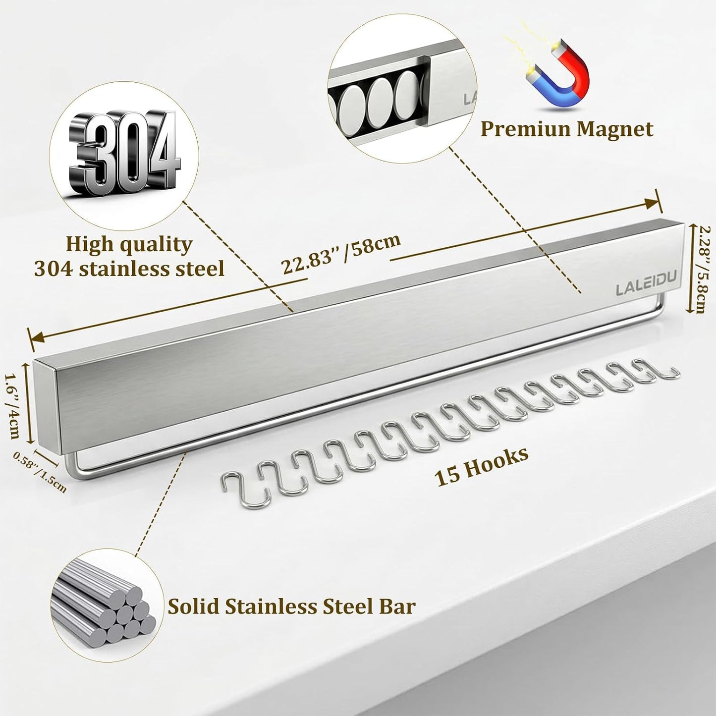 12 Inch Magnetic Knife Holder for Wall - Magnetic Knife Strip with Strong Magnets, Stainless Steel Magnetic Knife Bar with 5 Hooks/Adhesive Tape/Screws, Wall Mounted Knife Storage for Kitchen