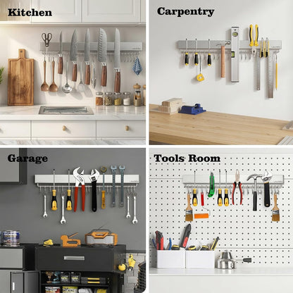12 Inch Magnetic Knife Holder for Wall - Magnetic Knife Strip with Strong Magnets, Stainless Steel Magnetic Knife Bar with 5 Hooks/Adhesive Tape/Screws, Wall Mounted Knife Storage for Kitchen