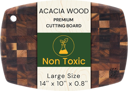 End Grain Acacia Wood Cutting Board 14" x 10" x 0.8" with Hanging Hole, Thick & Durable Butcher Block for Meat, Cheese, Fruit & Kitchen Prep – Knife Friendly, Non-Toxic, Plastic-Free by New M Way