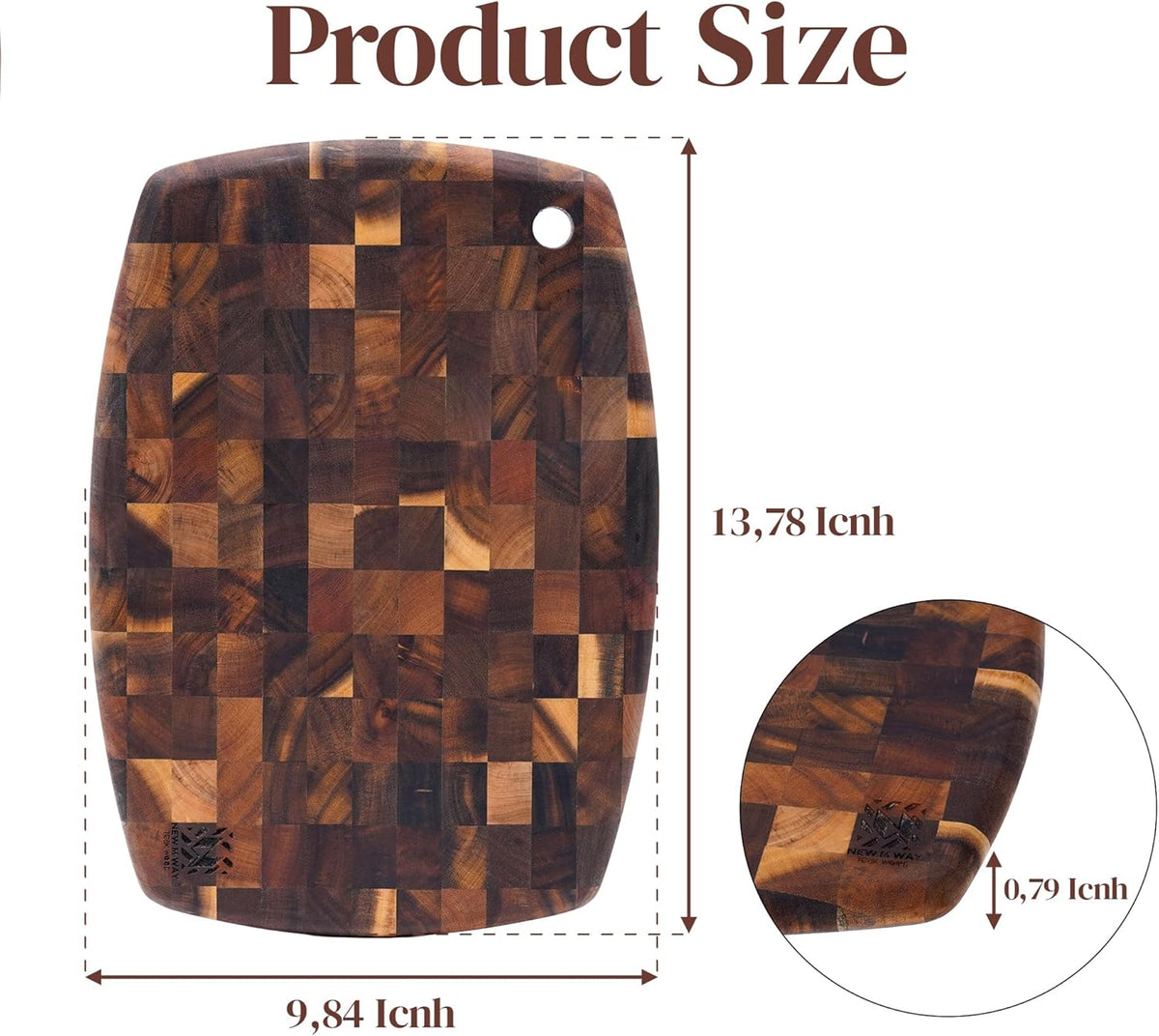 End Grain Acacia Wood Cutting Board 14" x 10" x 0.8" with Hanging Hole, Thick & Durable Butcher Block for Meat, Cheese, Fruit & Kitchen Prep – Knife Friendly, Non-Toxic, Plastic-Free by New M Way