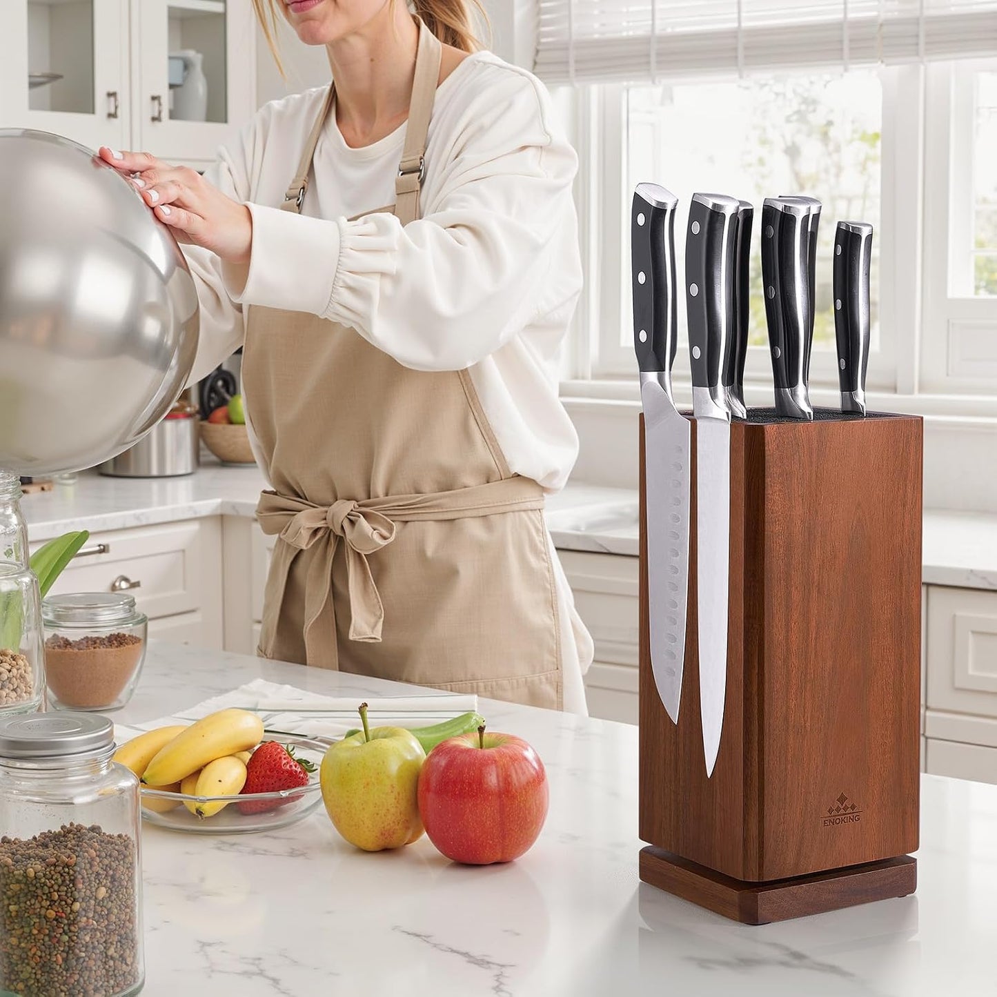 Universal Knife Block without Knives, Acacia Wood Knife Holder/Knife Organizer with Removable Plastic Bristles for Kitchen Counter Knife Storage Rack