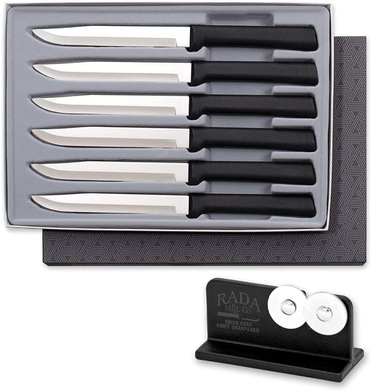 Six Utility/Steak Knife Sett (G206) + Sharpener, Black Handle | 6-Piece Knife Set with Quick Edge Sharpener (R119), Stainless Steel Blades, Black Resin Handle