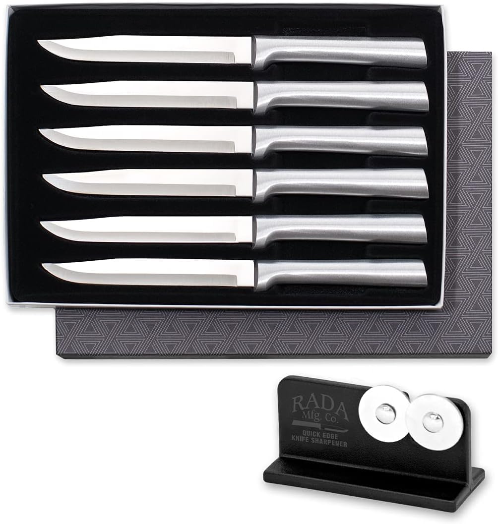 Six Utility/Steak Knife Sett (G206) + Sharpener, Black Handle | 6-Piece Knife Set with Quick Edge Sharpener (R119), Stainless Steel Blades, Black Resin Handle