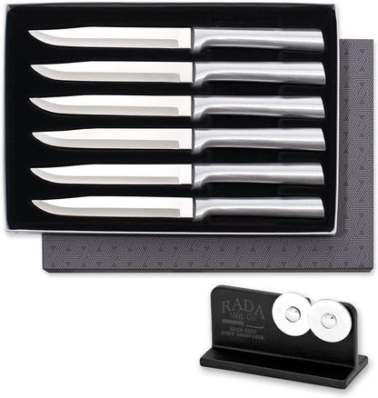 Six Utility/Steak Knife Sett (G206) + Sharpener, Black Handle | 6-Piece Knife Set with Quick Edge Sharpener (R119), Stainless Steel Blades, Black Resin Handle