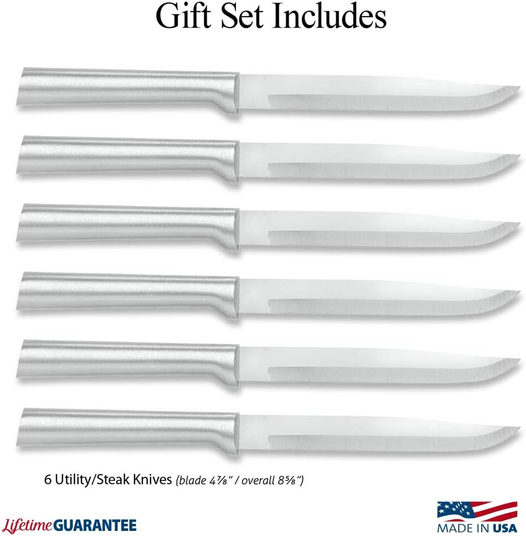 Six Utility/Steak Knife Sett (G206) + Sharpener, Black Handle | 6-Piece Knife Set with Quick Edge Sharpener (R119), Stainless Steel Blades, Black Resin Handle