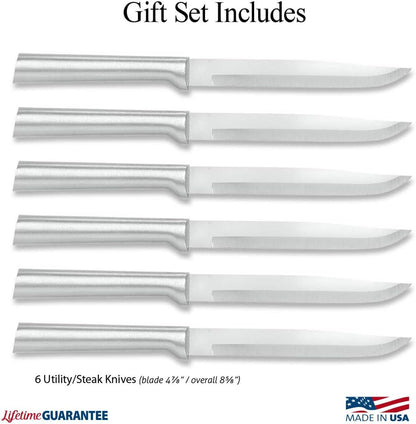 Six Utility/Steak Knife Sett (G206) + Sharpener, Black Handle | 6-Piece Knife Set with Quick Edge Sharpener (R119), Stainless Steel Blades, Black Resin Handle