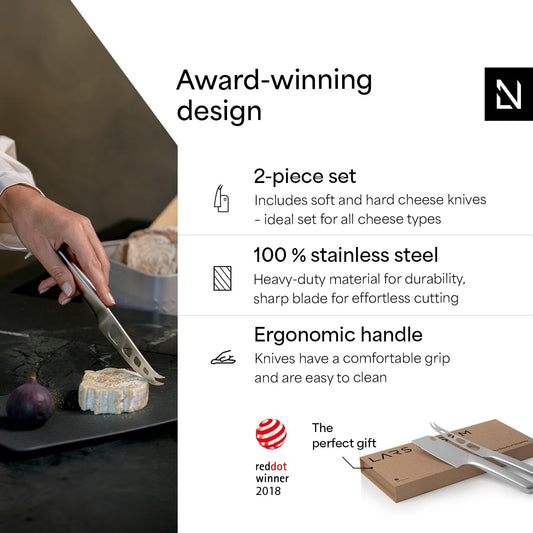 LARS NYSØM Cheese Knife Set Edge 2 pcs. I Cheese Knife Set Made of Stainless Steel I Premium Gift Box I Perfect as Christmas Gift (Stainless Steel)