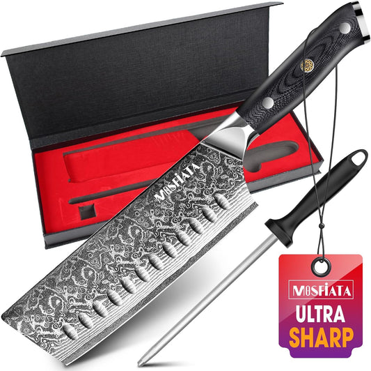 7'Nakiri Knife Damascus Professional Sharpe Chef Knife， Kitchen Knifed Damascus Steel VG-10 Blade with Ergonomic Handle Sharpener