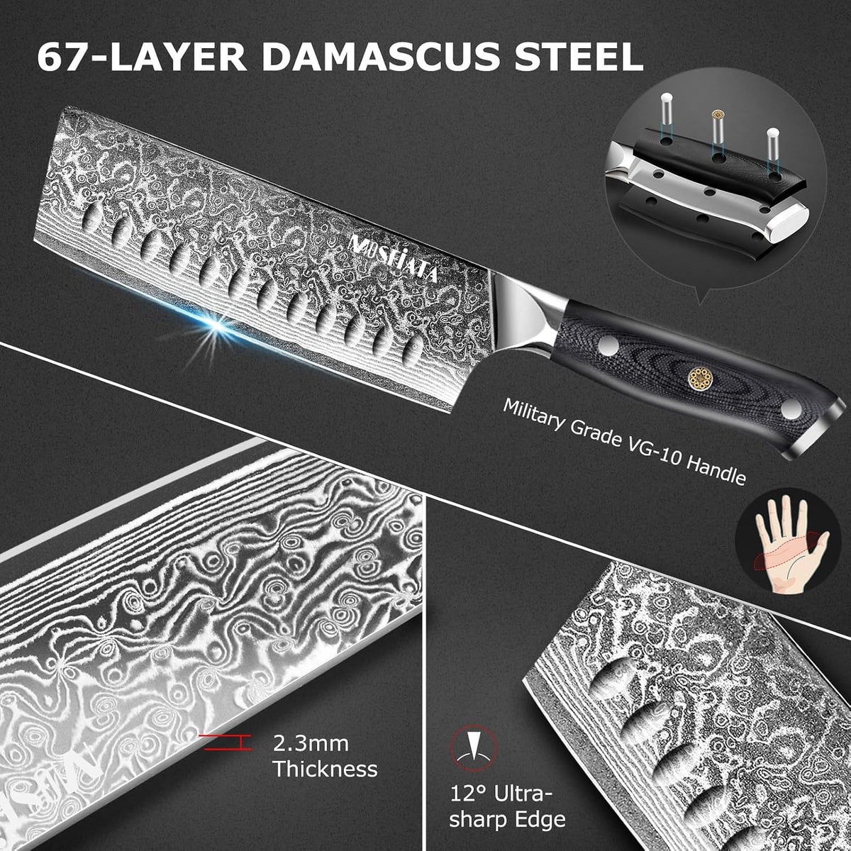 7'Nakiri Knife Damascus Professional Sharpe Chef Knife， Kitchen Knifed Damascus Steel VG-10 Blade with Ergonomic Handle Sharpener