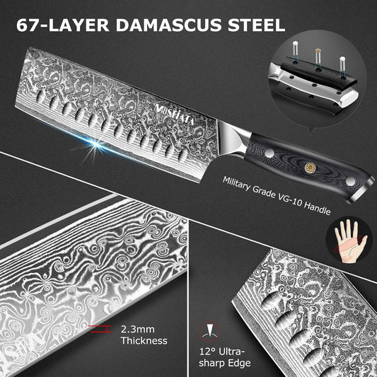 7'Nakiri Knife Damascus Professional Sharpe Chef Knife， Kitchen Knifed Damascus Steel VG-10 Blade with Ergonomic Handle Sharpener