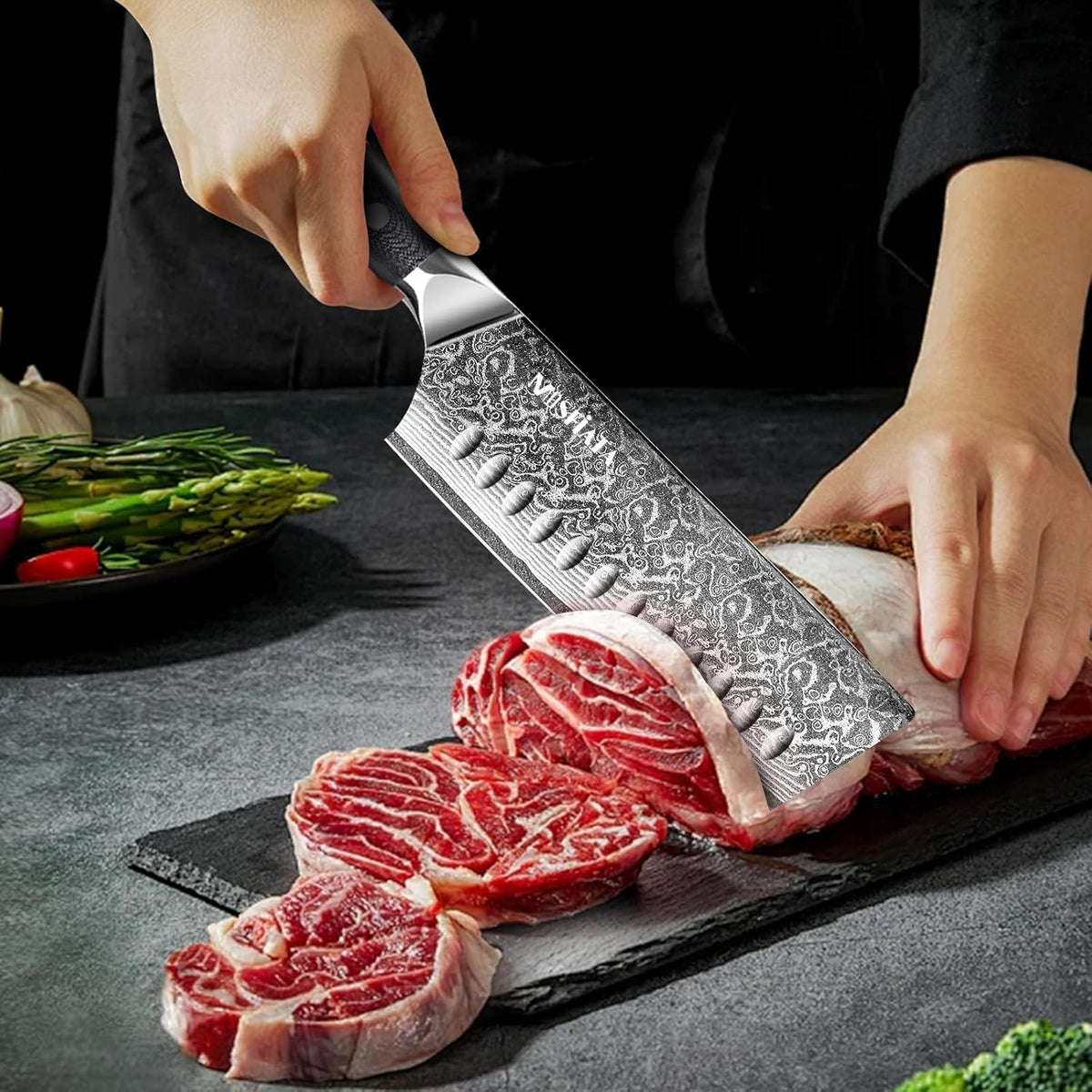 7'Nakiri Knife Damascus Professional Sharpe Chef Knife， Kitchen Knifed Damascus Steel VG-10 Blade with Ergonomic Handle Sharpener
