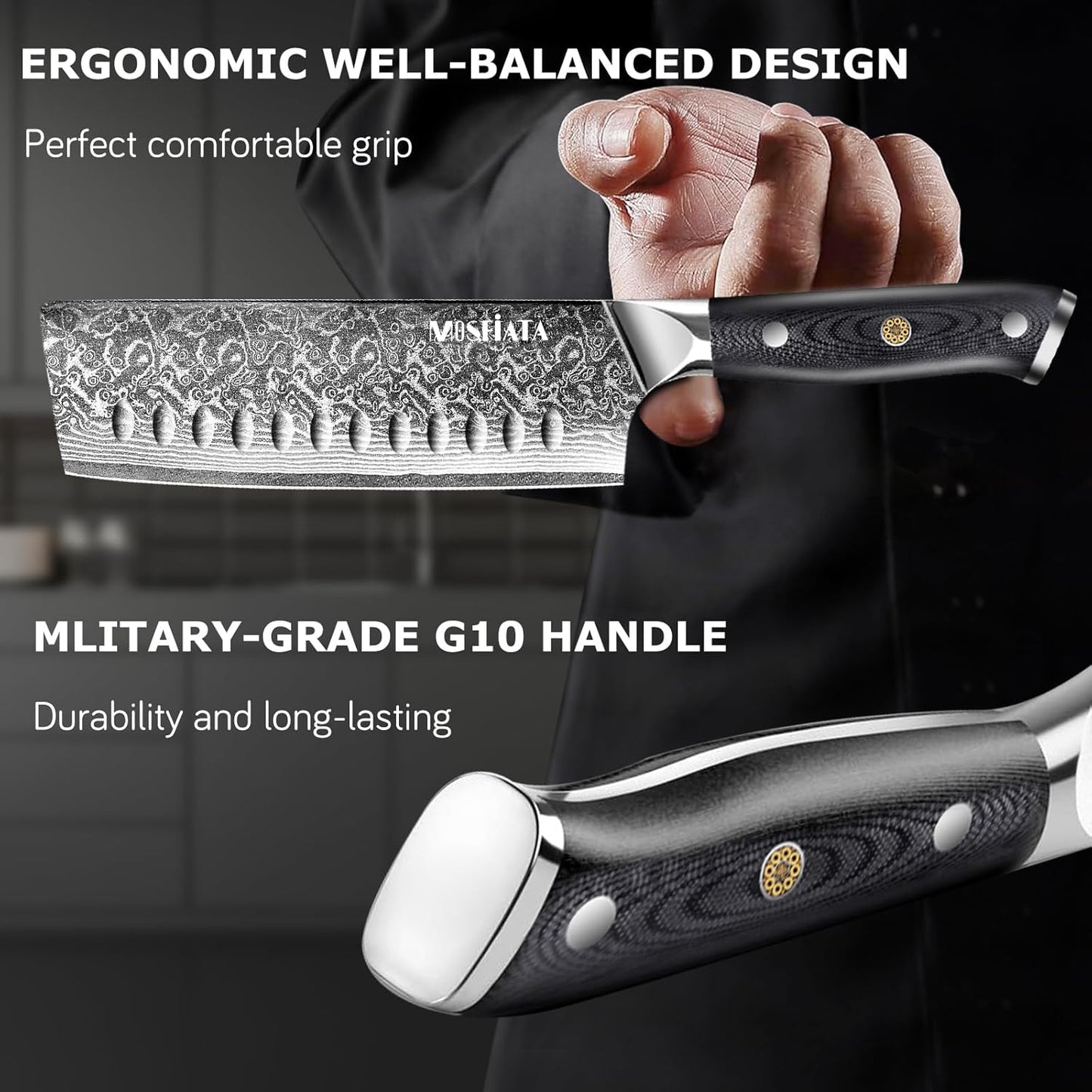 7'Nakiri Knife Damascus Professional Sharpe Chef Knife， Kitchen Knifed Damascus Steel VG-10 Blade with Ergonomic Handle Sharpener
