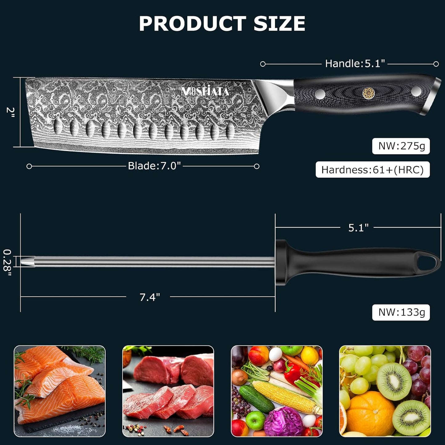 7'Nakiri Knife Damascus Professional Sharpe Chef Knife， Kitchen Knifed Damascus Steel VG-10 Blade with Ergonomic Handle Sharpener