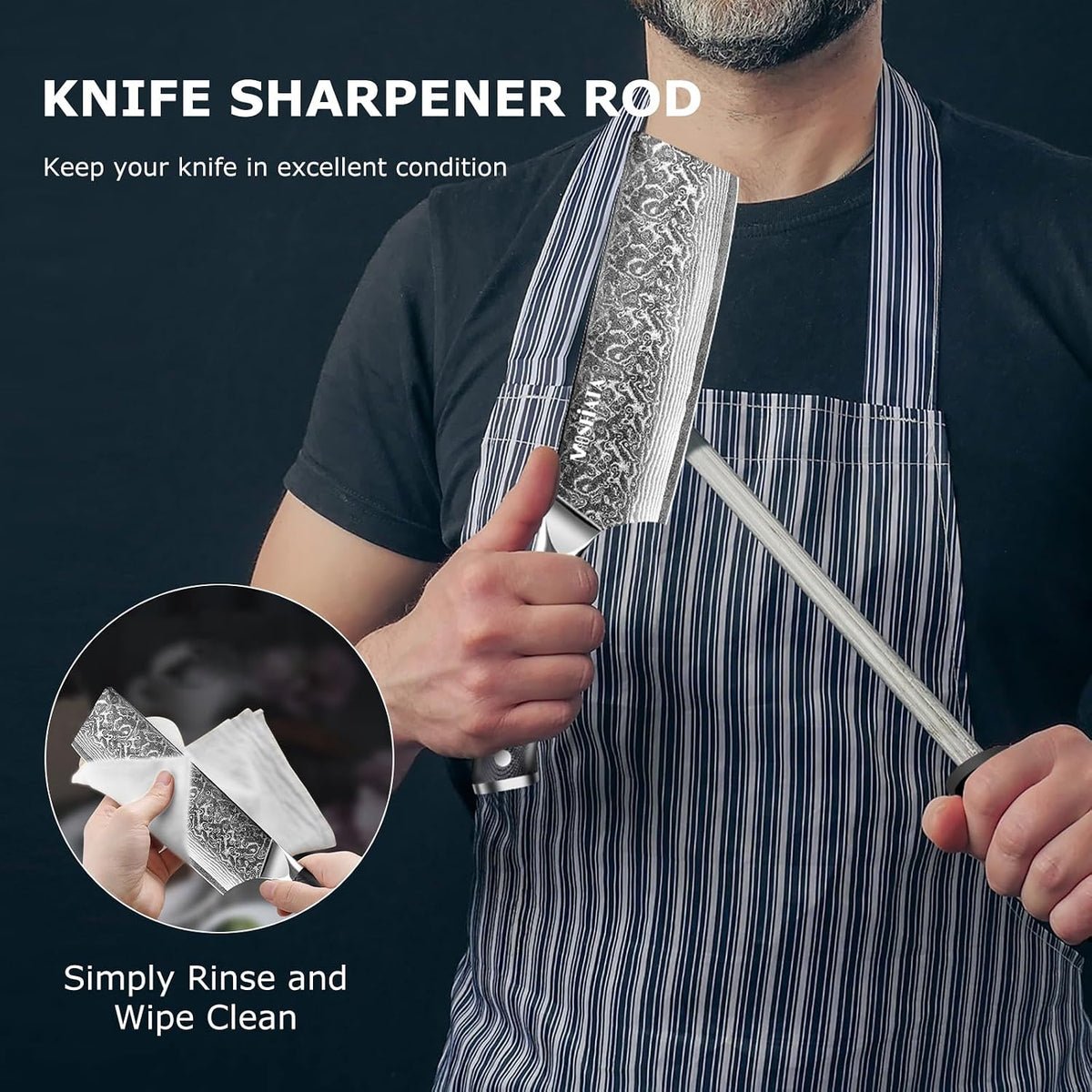 7'Nakiri Knife Damascus Professional Sharpe Chef Knife， Kitchen Knifed Damascus Steel VG-10 Blade with Ergonomic Handle Sharpener