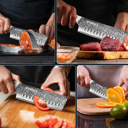 7'Nakiri Knife Damascus Professional Sharpe Chef Knife， Kitchen Knifed Damascus Steel VG-10 Blade with Ergonomic Handle Sharpener