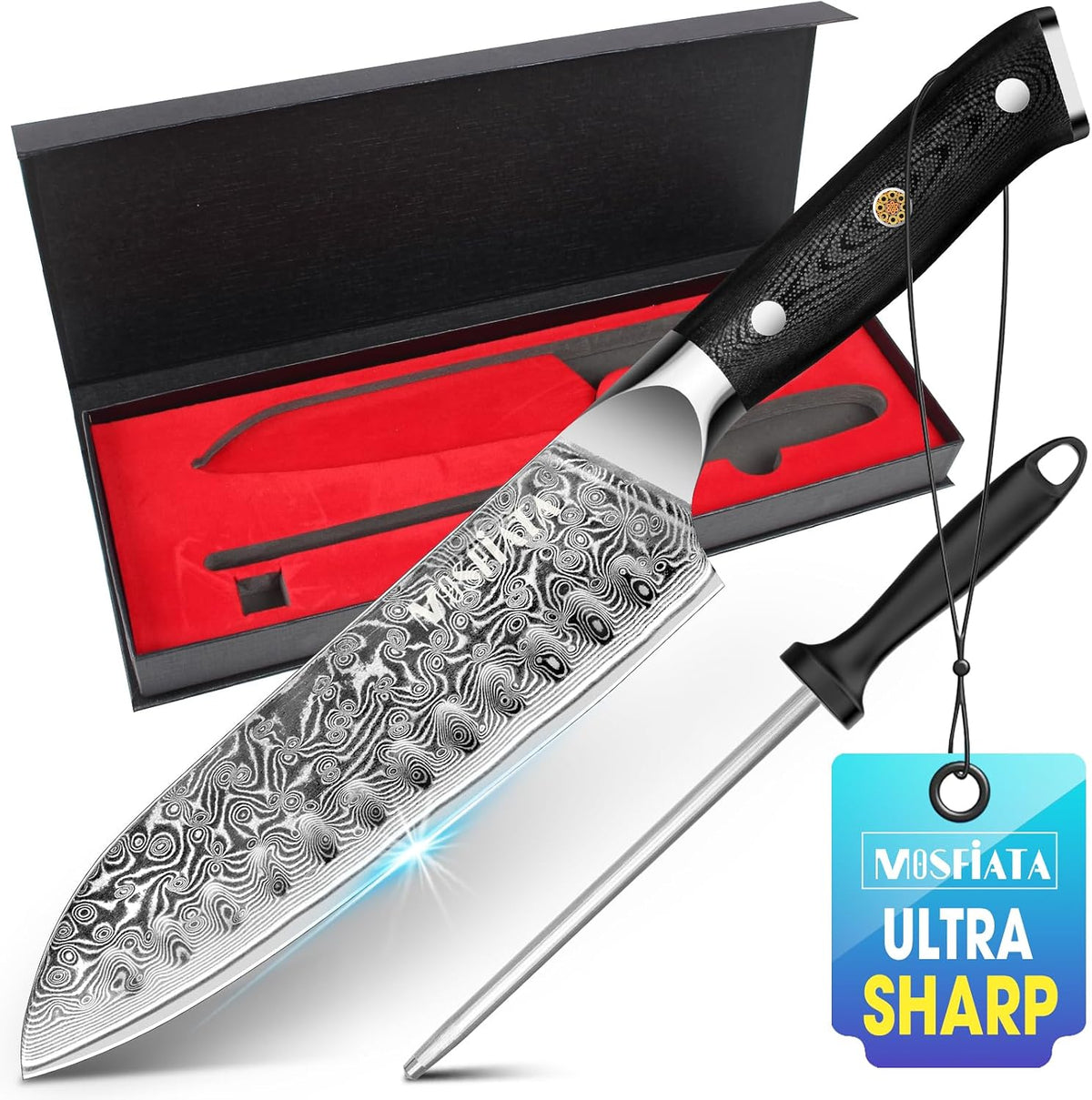 7'Nakiri Knife Damascus Professional Sharpe Chef Knife， Kitchen Knifed Damascus Steel VG-10 Blade with Ergonomic Handle Sharpener