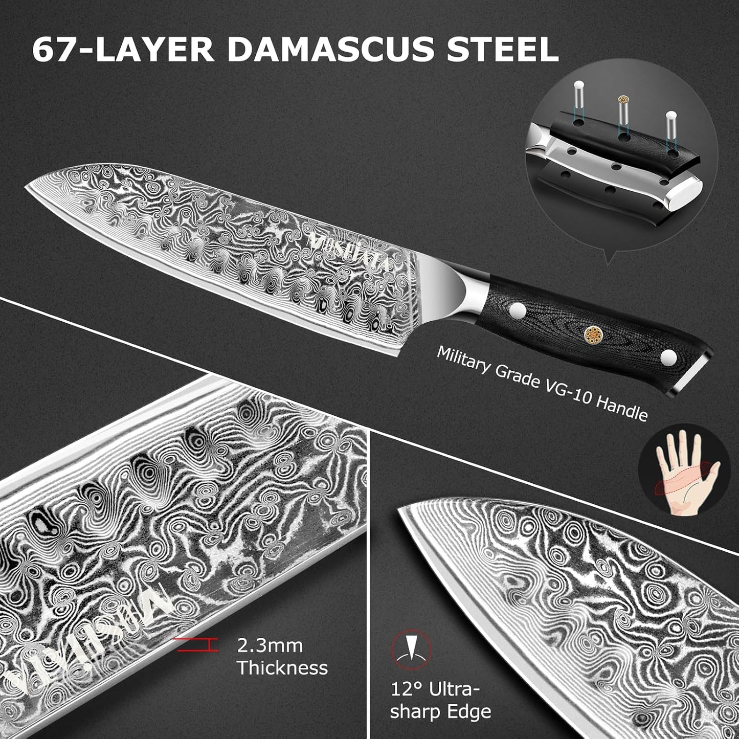 7'Nakiri Knife Damascus Professional Sharpe Chef Knife， Kitchen Knifed Damascus Steel VG-10 Blade with Ergonomic Handle Sharpener