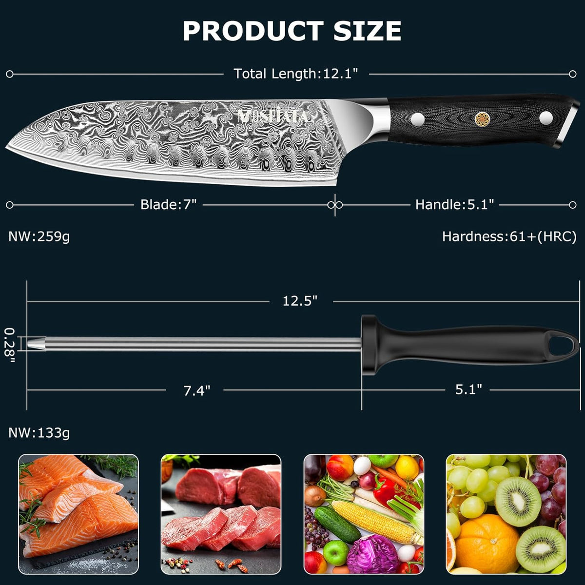 7'Nakiri Knife Damascus Professional Sharpe Chef Knife， Kitchen Knifed Damascus Steel VG-10 Blade with Ergonomic Handle Sharpener