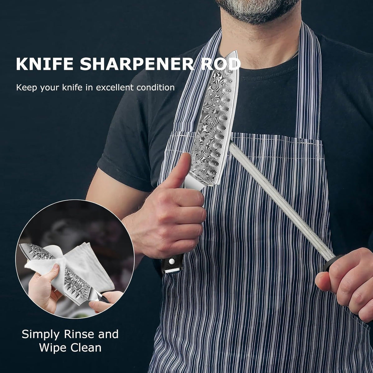 7'Nakiri Knife Damascus Professional Sharpe Chef Knife， Kitchen Knifed Damascus Steel VG-10 Blade with Ergonomic Handle Sharpener