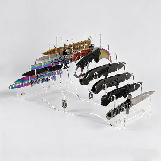 Knife Holder (Transparent Acrylic), 12-Slot Organizer & Display Stand for Pocket Knives, Sabre, Ideal for Outdoor Sports, Hiking, Hunting, DIY Activities
