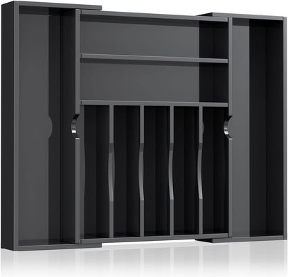 Acrylic Utensil Silverware Tray for Drawer, Cutlery Organizer, Black | Expandable Silverware Organizer for Flatware, 9 Compartments Adjustable Utensil Organizer,Clear Silverware Holder for Kitchen