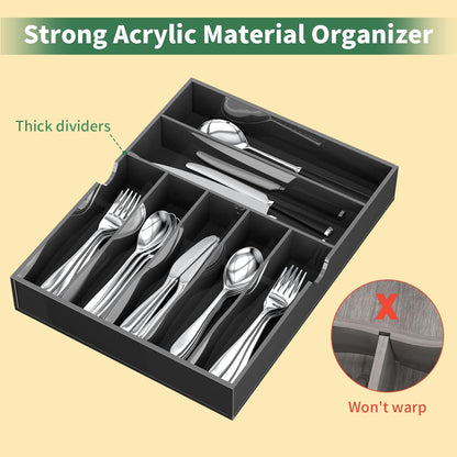 Acrylic Utensil Silverware Tray for Drawer, Cutlery Organizer, Black | Expandable Silverware Organizer for Flatware, 9 Compartments Adjustable Utensil Organizer,Clear Silverware Holder for Kitchen