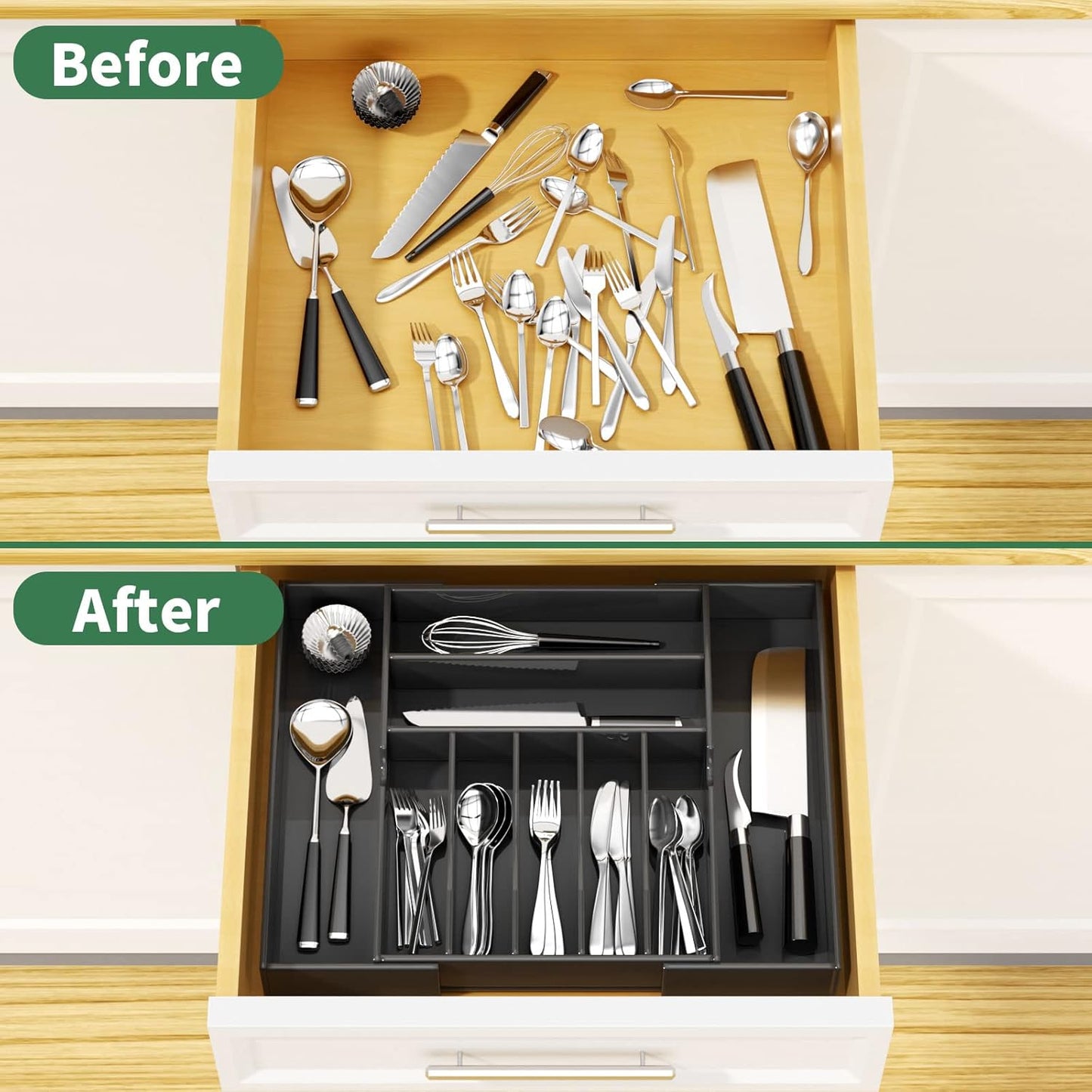 Acrylic Utensil Silverware Tray for Drawer, Cutlery Organizer, Black | Expandable Silverware Organizer for Flatware, 9 Compartments Adjustable Utensil Organizer,Clear Silverware Holder for Kitchen