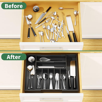 Acrylic Utensil Silverware Tray for Drawer, Cutlery Organizer, Black | Expandable Silverware Organizer for Flatware, 9 Compartments Adjustable Utensil Organizer,Clear Silverware Holder for Kitchen