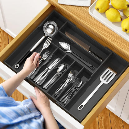 Acrylic Utensil Silverware Tray for Drawer, Cutlery Organizer, Black | Expandable Silverware Organizer for Flatware, 9 Compartments Adjustable Utensil Organizer,Clear Silverware Holder for Kitchen