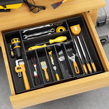 Acrylic Utensil Silverware Tray for Drawer, Cutlery Organizer, Black | Expandable Silverware Organizer for Flatware, 9 Compartments Adjustable Utensil Organizer,Clear Silverware Holder for Kitchen