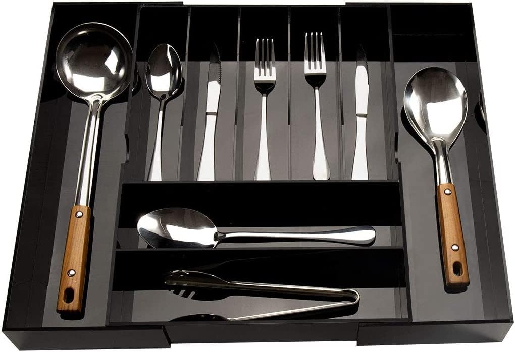Acrylic Utensil Silverware Tray for Drawer, Cutlery Organizer, Black | Expandable Silverware Organizer for Flatware, 9 Compartments Adjustable Utensil Organizer,Clear Silverware Holder for Kitchen