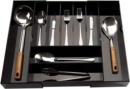 Acrylic Utensil Silverware Tray for Drawer, Cutlery Organizer, Black | Expandable Silverware Organizer for Flatware, 9 Compartments Adjustable Utensil Organizer,Clear Silverware Holder for Kitchen