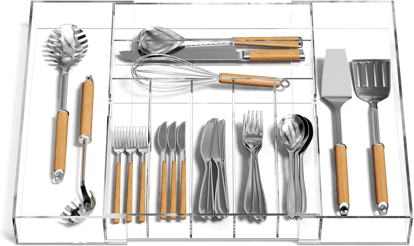 Acrylic Utensil Silverware Tray for Drawer, Cutlery Organizer, Black | Expandable Silverware Organizer for Flatware, 9 Compartments Adjustable Utensil Organizer,Clear Silverware Holder for Kitchen