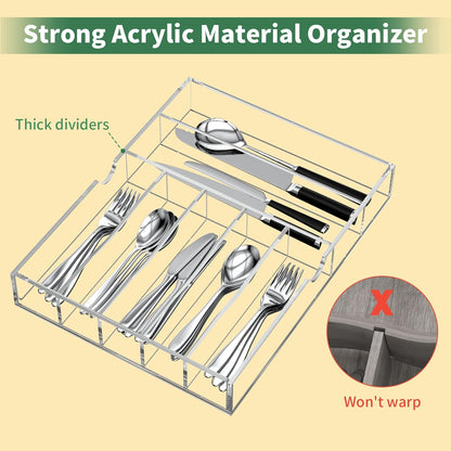 Acrylic Utensil Silverware Tray for Drawer, Cutlery Organizer, Black | Expandable Silverware Organizer for Flatware, 9 Compartments Adjustable Utensil Organizer,Clear Silverware Holder for Kitchen