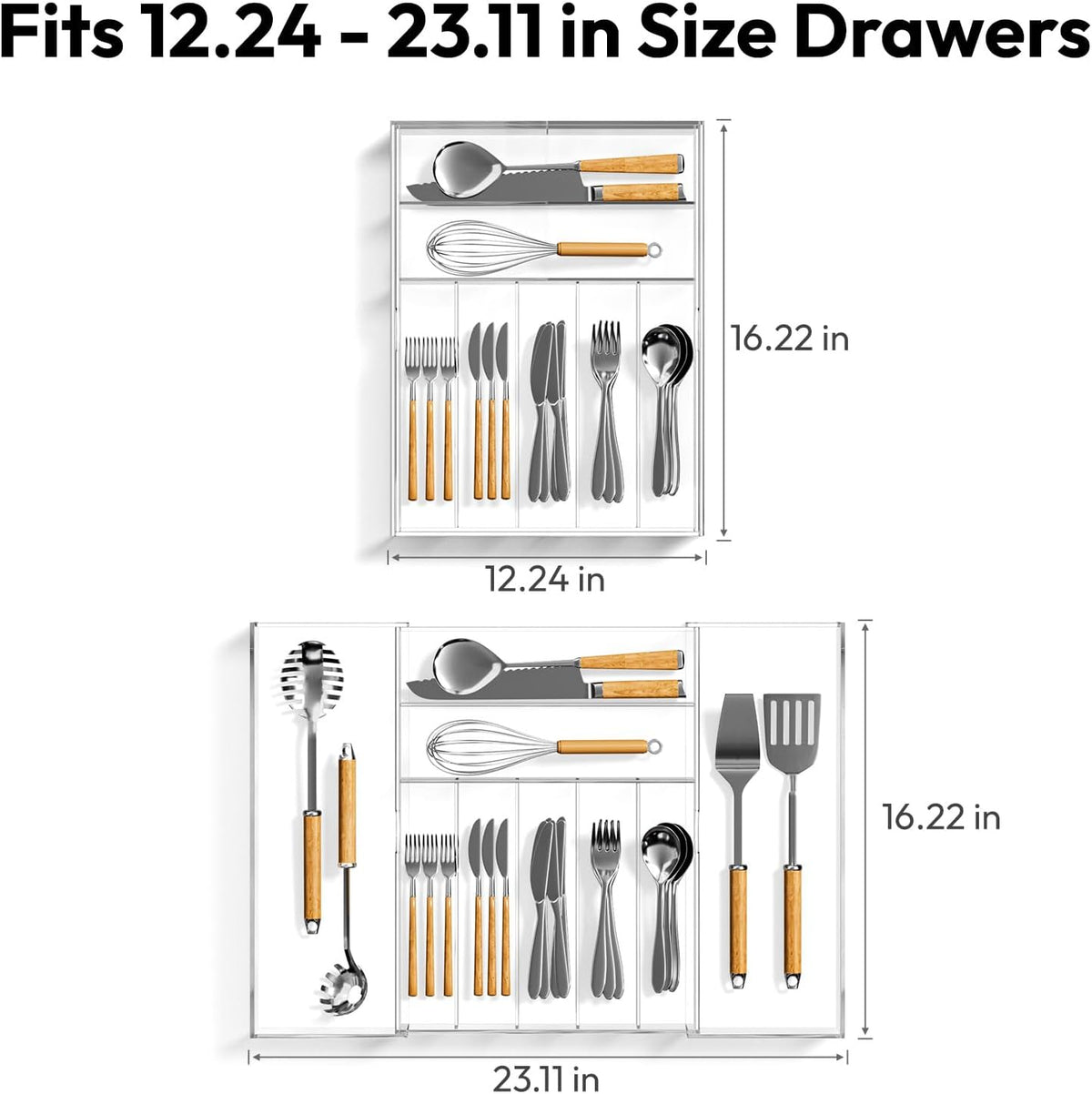 Acrylic Utensil Silverware Tray for Drawer, Cutlery Organizer, Black | Expandable Silverware Organizer for Flatware, 9 Compartments Adjustable Utensil Organizer,Clear Silverware Holder for Kitchen