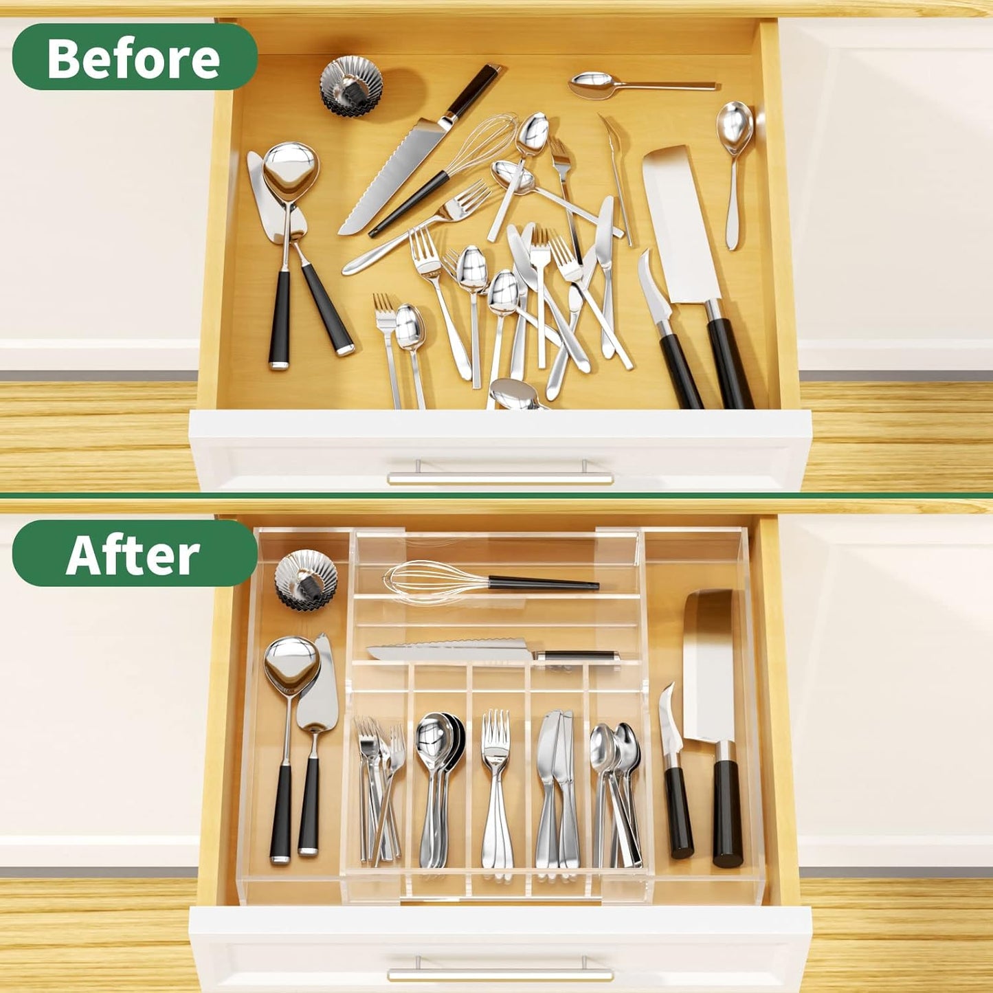 Acrylic Utensil Silverware Tray for Drawer, Cutlery Organizer, Black | Expandable Silverware Organizer for Flatware, 9 Compartments Adjustable Utensil Organizer,Clear Silverware Holder for Kitchen
