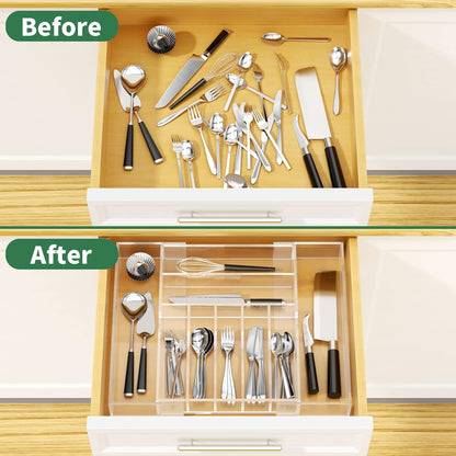 Acrylic Utensil Silverware Tray for Drawer, Cutlery Organizer, Black | Expandable Silverware Organizer for Flatware, 9 Compartments Adjustable Utensil Organizer,Clear Silverware Holder for Kitchen