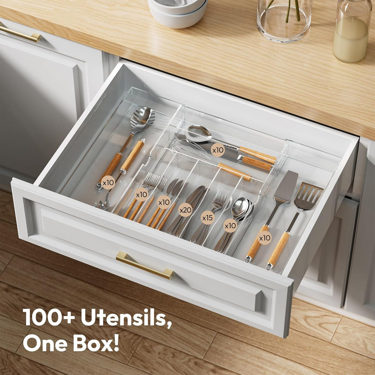 Acrylic Utensil Silverware Tray for Drawer, Cutlery Organizer, Black | Expandable Silverware Organizer for Flatware, 9 Compartments Adjustable Utensil Organizer,Clear Silverware Holder for Kitchen