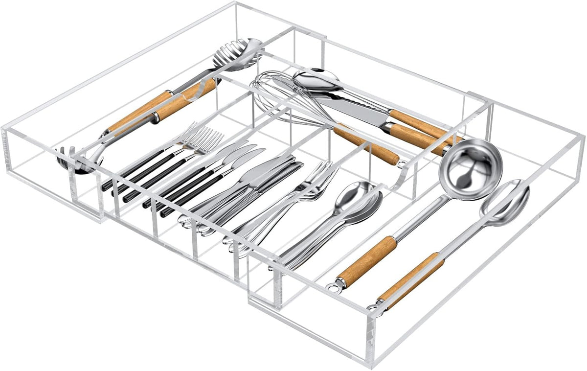 Acrylic Utensil Silverware Tray for Drawer, Cutlery Organizer, Black | Expandable Silverware Organizer for Flatware, 9 Compartments Adjustable Utensil Organizer,Clear Silverware Holder for Kitchen