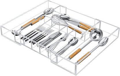 Acrylic Utensil Silverware Tray for Drawer, Cutlery Organizer, Black | Expandable Silverware Organizer for Flatware, 9 Compartments Adjustable Utensil Organizer,Clear Silverware Holder for Kitchen