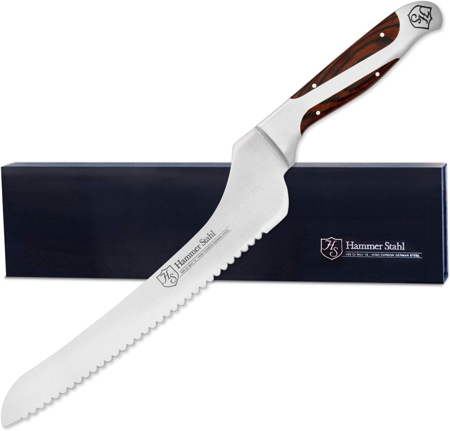 9-Inch Offset Bread Knife - Scallop Serrated Blade - High Carbon German Steel - Ergonomic Quad-Tang Pakkawood Handle