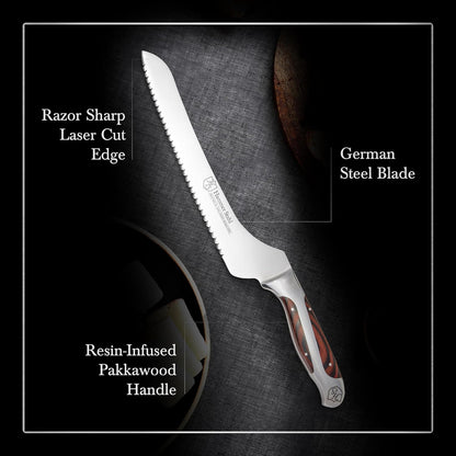 9-Inch Offset Bread Knife - Scallop Serrated Blade - High Carbon German Steel - Ergonomic Quad-Tang Pakkawood Handle