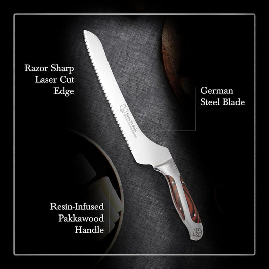 9-Inch Offset Bread Knife - Scallop Serrated Blade - High Carbon German Steel - Ergonomic Quad-Tang Pakkawood Handle