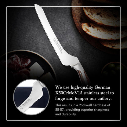 9-Inch Offset Bread Knife - Scallop Serrated Blade - High Carbon German Steel - Ergonomic Quad-Tang Pakkawood Handle