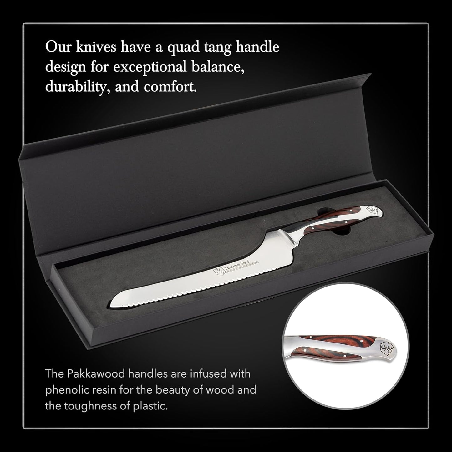 9-Inch Offset Bread Knife - Scallop Serrated Blade - High Carbon German Steel - Ergonomic Quad-Tang Pakkawood Handle